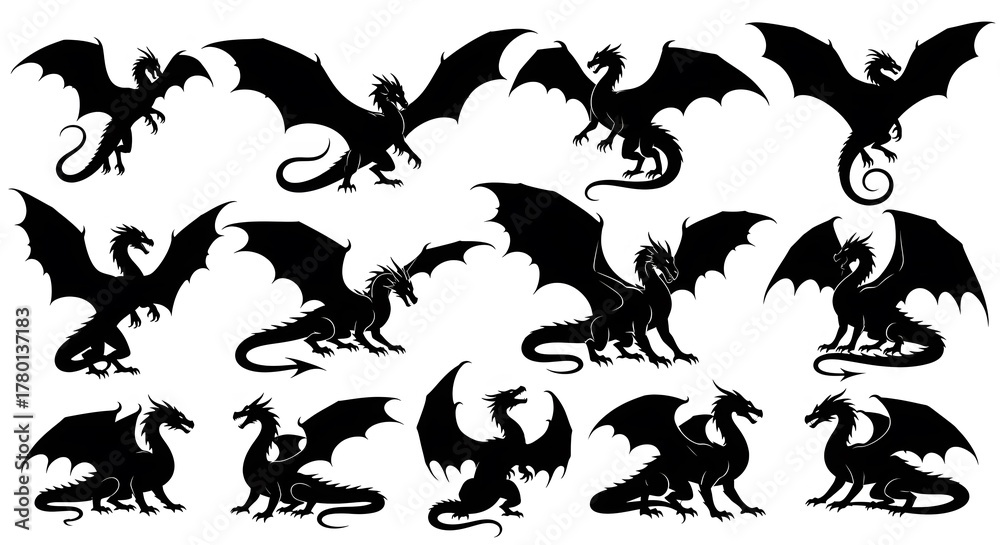 Fototapeta premium Set of Flying and Roaring Dragon Silhouette Designs – Black Mythical Creature Vector Collection for Tattoo, Logo, Fantasy Illustration, and Graphic Design Isolated on White Background