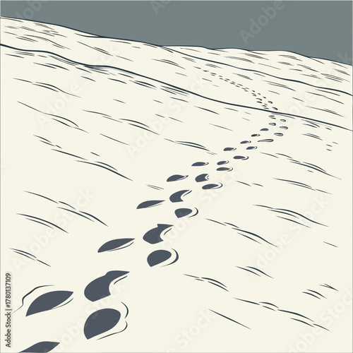 Footprints in the snow leading up a hill in a winter landscape