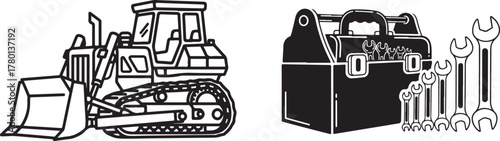 Line Art Bulldozer and Silhouette Toolbox with Wrenches Vector Graphics