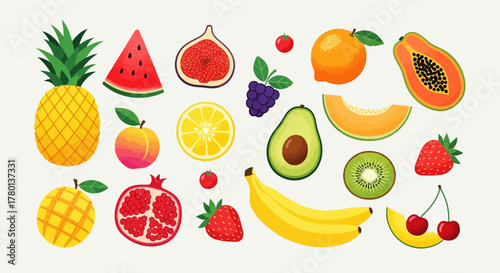 Assortment of fresh, ripe fruits including pineapple, watermelon, fig, orange, papaya, apple, lemon, avocado, melon, strawberry, kiwi, banana, and cherries