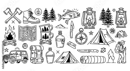 Collection of handdrawn camping and outdoor adventure icons, including tents, backpacks, axes, maps, and a campfire, presented in a doodle style on a