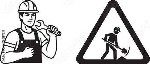 Stylized Worker Illustration and Under Construction Road Sign Vector