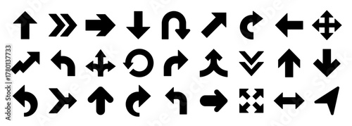 Vector arrow glyph icons of direction, move, pointer, rotate, turn, return, expand, merge, diverge and sign