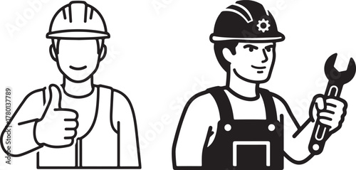 Minimalist Black and White Vector Art of Male Laborers with Hardhats