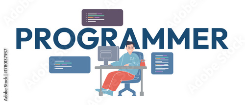 programmer working at computer desk floating snippets of code vector graphic software development web design professional in technology industry