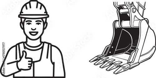 Black Line Art Icon of Construction Worker and Excavator Bucket