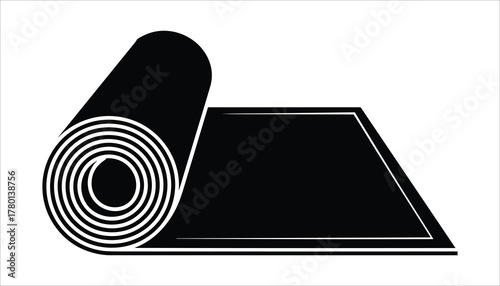 Black rolled up carpet or mat with white border on white background unrolled
