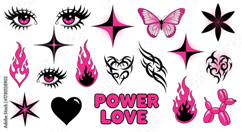 A collection of pink and black graphic elements including eyes, butterflies, stars, flames, hearts, tribal designs, and the words power love