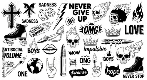Compilation of edgy and rebellious graphic elements featuring skulls, flames, roller skates, dice, crosses, and bold text phrases like never give up and antisocial