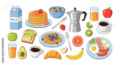 A colorful assortment of breakfast food items including pancakes, waffles, eggs, bacon, sausages, croissant, fruit, coffee, and milk