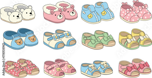 Cute baby shoes collection, pastel infant footwear, toddler fashion design, nursery style, adorable kids accessories, cad drawing