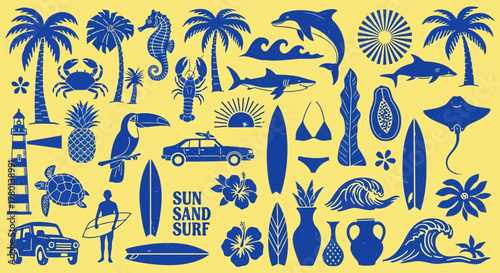 Collection of blue summer vacation and beach icons on a yellow background, including palm trees, surfboards, sea creatures, and tropical elements