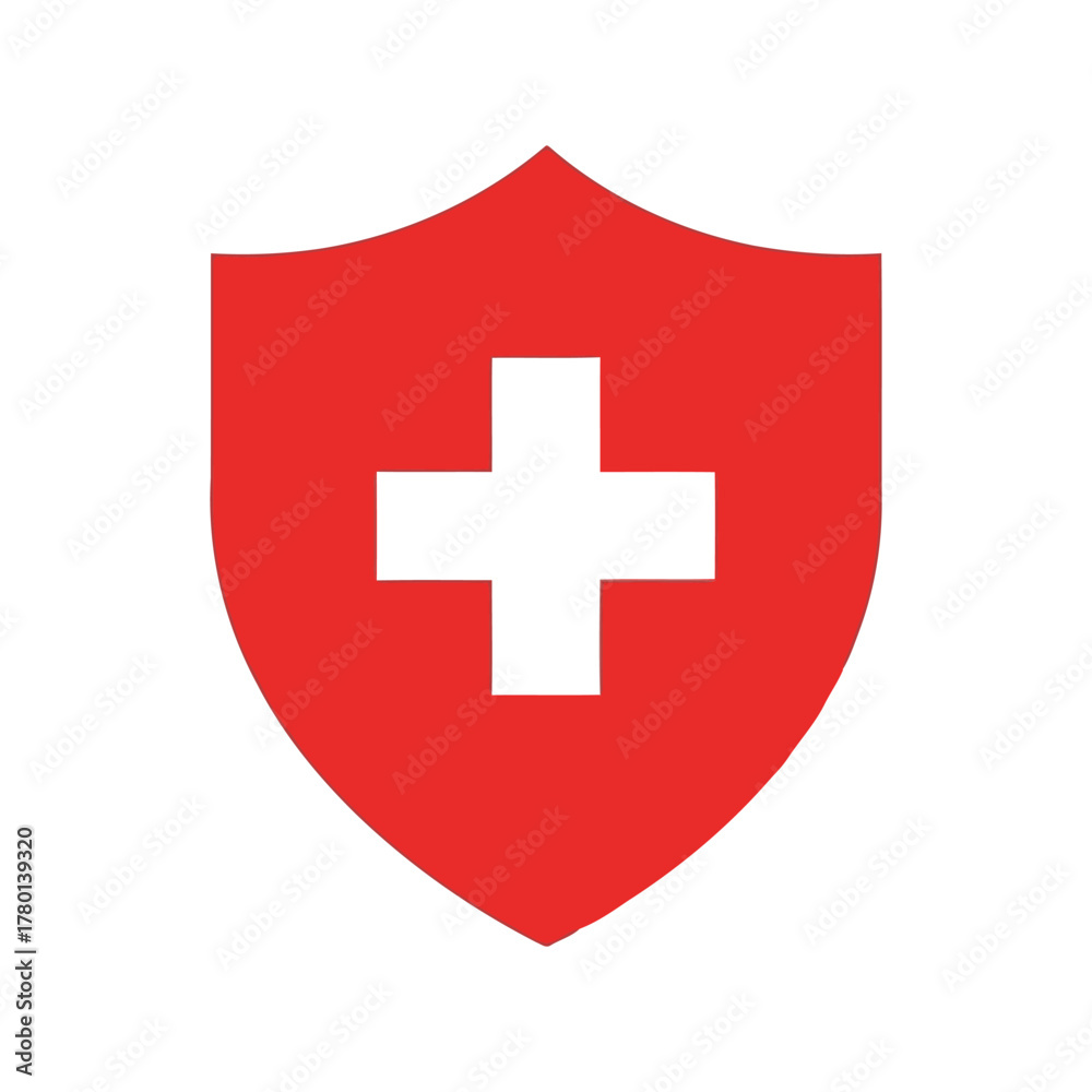 Obraz premium Red shield with white cross medical health protection emblem safety icon healthcare symbol