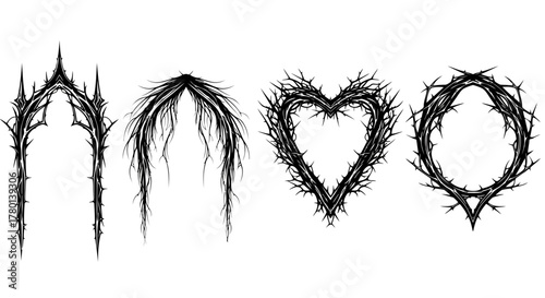 Gothic and dark decorative elements including thorny arches, a heart shape, and a circular frame