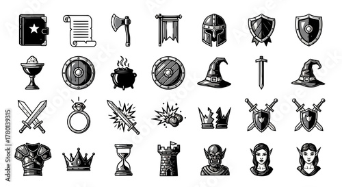 Assortment of fantasy game icons including armor, weapons, shields, potions, helmets, crowns, and magical items