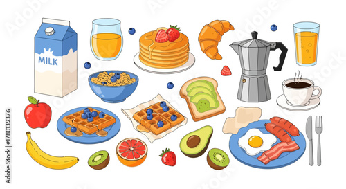 Assortment of delicious breakfast food items and drinks, including pancakes, waffles, coffee, juice, milk, and fruit