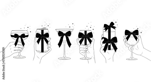 Collection of hands holding champagne glasses and gift boxes with black bows