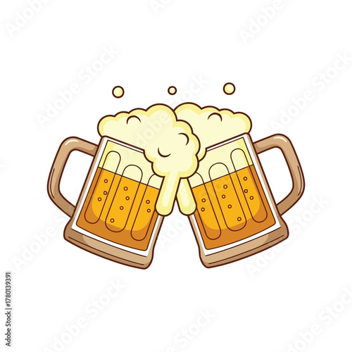 Cheers two overflowing beer mugs clinking frothy ale pub celebration oktoberfest toast beverage