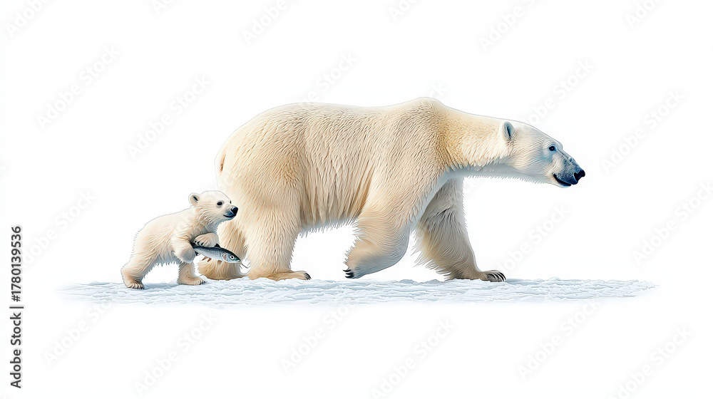 Fototapeta premium Charming polar bear cub confidently follows its protective mother across arctic snow