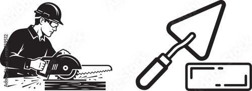 Bold Vector Illustrations: Worker Sawing Wood and Masonry Trowel Icon
