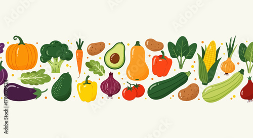 Colorful seamless border pattern of fresh vegetables, including pumpkin, broccoli, carrot, avocado, and bell pepper, perfect for food and healthy lifestyle themes