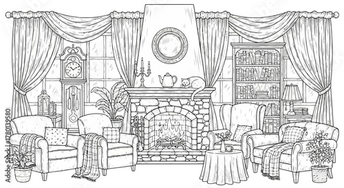 Cozy living room scene with a roaring fireplace, comfortable armchairs, bookshelves, and large windows with draped curtains, creating a warm and inviting atmosphere