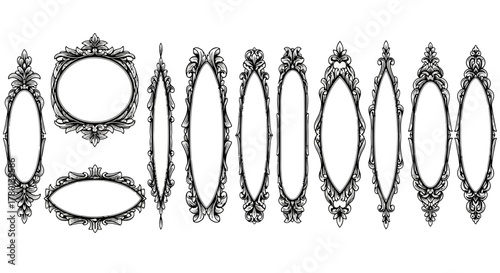 Collection of ornate and decorative vintage picture frames in various oval and rectangular shapes, featuring intricate scrollwork and floral embellishments