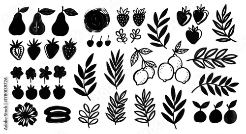 Collection of handdrawn fruit and leaf elements, including pears, strawberries, lemons, and various botanical illustrations