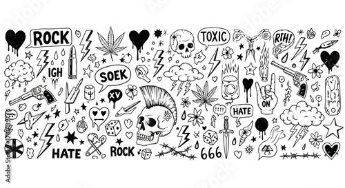 A chaotic and edgy collection of handdrawn doodles featuring punk rock and heavy metal imagery, including skulls, lightning bolts, guns, and rebellious symbols