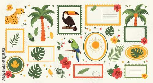 Tropical elements collection with toucan, parrot, leopard, palm tree, hibiscus flower, monstera leaf, and decorative frames