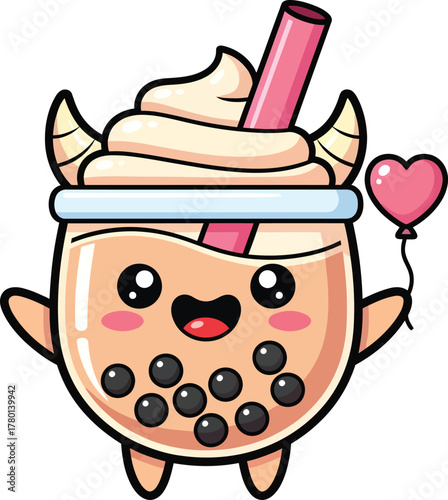 Kawaii Boba Tea Monster Mascot – Cute 2D Cartoon Drink Character on White Background