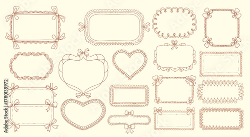 A collection of decorative handdrawn frames and borders in a delicate, vintage style, featuring bows and lace details on a cream background