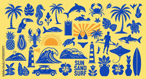 Collection of blue summer icons on a yellow background, including palm trees, waves, lighthouses, surfboards, and beach elements