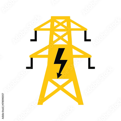 Yellow electricity pylon with lightning bolt symbol power transmission tower high voltage icon