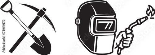 Black and White Outline Set of Industrial Tools and Welding Equipment