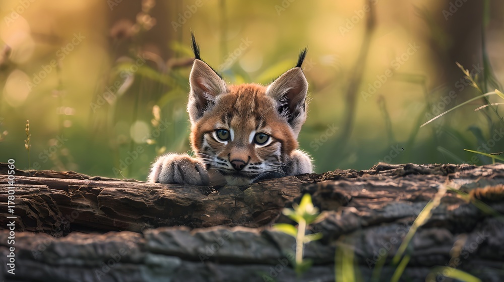 Fototapeta premium Curious Lynx Cub Peering Over a Log in a Warm Golden Forest Glow