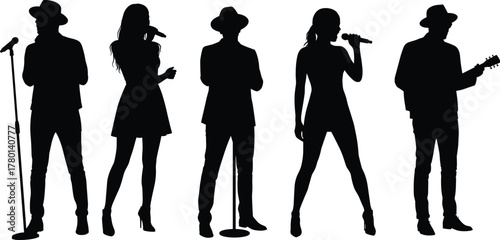 Silhouette of Vocalists and Guitarist Performing on Stage – Vector Illustration for Music, Concert, and Entertainment Themes