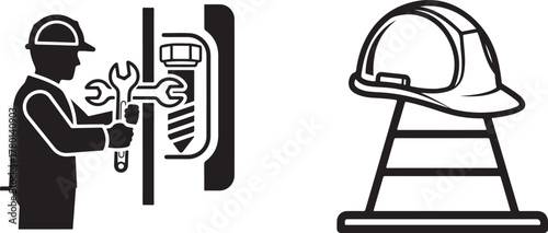 Monochromatic Industrial Worker and Construction Safety Equipment Vector Art