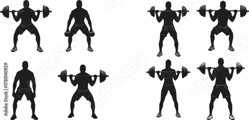 Silhouettes of Individuals Performing Weightlifting Exercises with Dumbbells and Barbells for Fitness, Gym, and Training Concepts