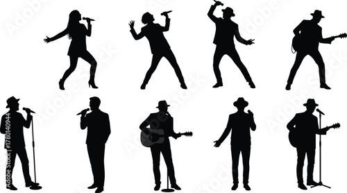 Silhouettes of Musicians Performing with Microphones and Guitars in Dynamic Poses for Concert, Music, and Entertainment Themes