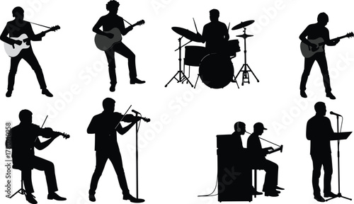 Silhouettes of Musicians Playing Instruments Including Violin, Guitar, Drums, and Trumpet for Concert and Performance Themes