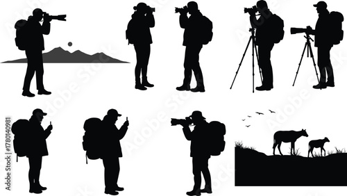 Silhouettes of Outdoor Photographers Capturing Landscapes and Wildlife with Cameras and Tripods for Travel and Nature Themes