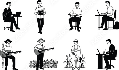 Urban and Rural Male Lifestyle Activities in Black and White Vector Illustration for Professional and Agricultural Occupation Concepts