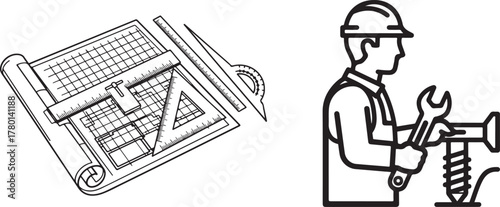 Black and White Vector of Engineering Tools and Industrial Worker