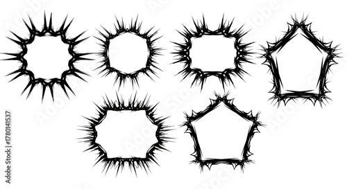 Collection of seven spiky, jagged, irregular, and abstract speech bubble shapes and frames with a black outline on a
