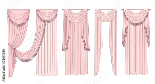 Collection of five different styles of elegant pink sheer curtains with decorative fringe and draping, suitable for window decoration