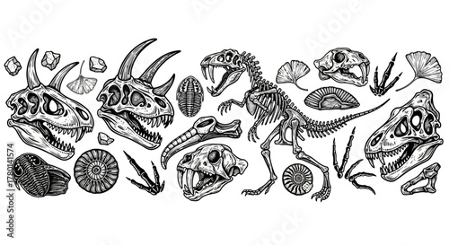 Collection of detailed black and white illustrations of dinosaur skulls, skeletons, and fossils, including a tyrannosaurus rex and sabertoothed cat skull