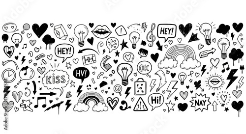 Doodle art with various handdrawn elements like hearts, lightbulbs, speech bubbles, rainbows, and musical notes