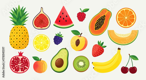 Assortment of fresh, colorful fruits including pineapple, watermelon, strawberry, banana, and citrus