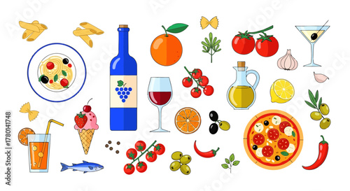 A delightful assortment of italian food and drink illustrations, including pizza, pasta, wine, and fresh ingredients, perfect for culinary themes